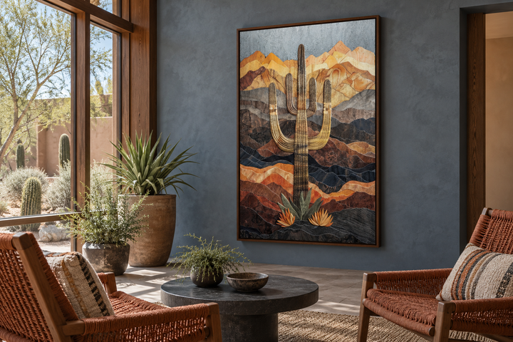 Southwestern wall art of a saguaro cactus in a desert landscape with wood-style textures.