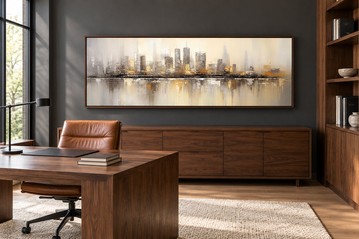 Gold and silver abstract Chicago skyline horizontal wall art in a walnut frame above a desk.