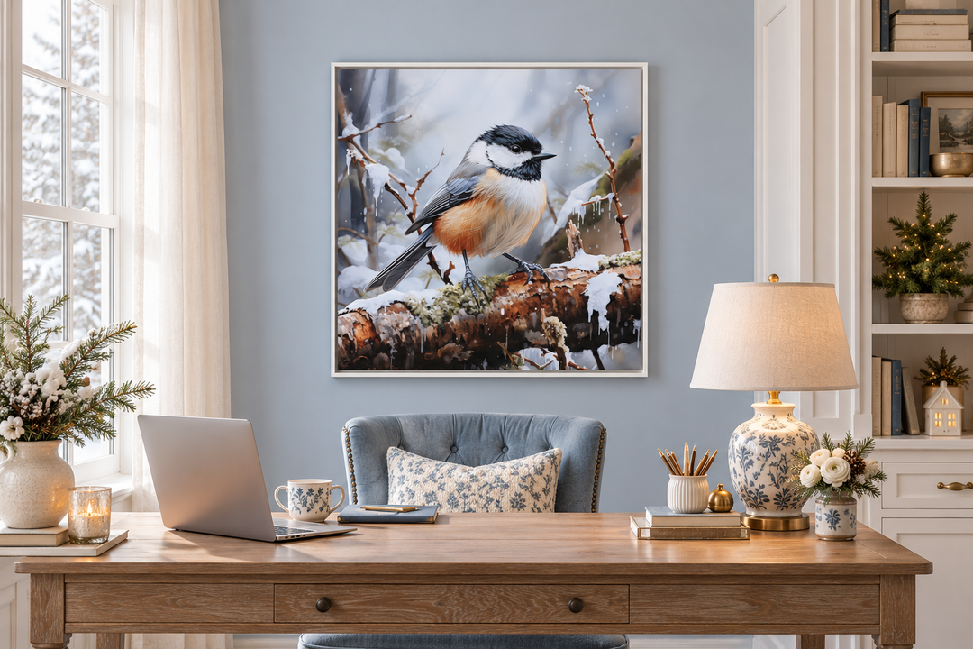 Toile encadrée représentant une mésange dans la neige en hiver 