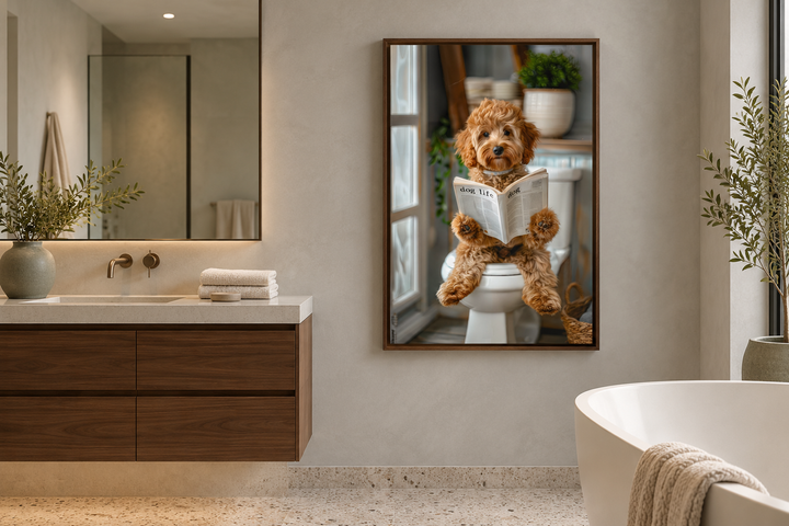 Framed wall art of a Cockapoo dog sitting on a toilet reading a newspaper in a modern bathroom.