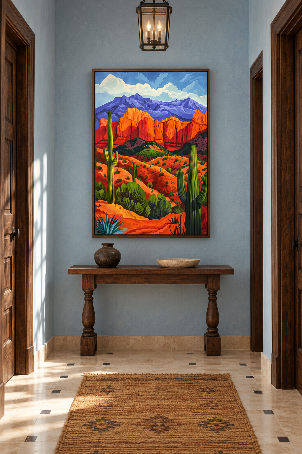 Colorful desert and saguaro cactus framed canvas wall art in a vertical walnut frame.