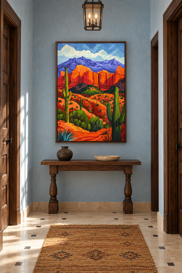 Colorful desert and saguaro cactus framed canvas wall art in a vertical walnut frame.