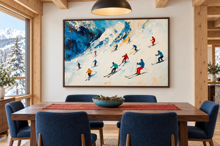 Colorful Skiers on Mountain Slope Framed Canvas Wall Art in a modern dining room setting.