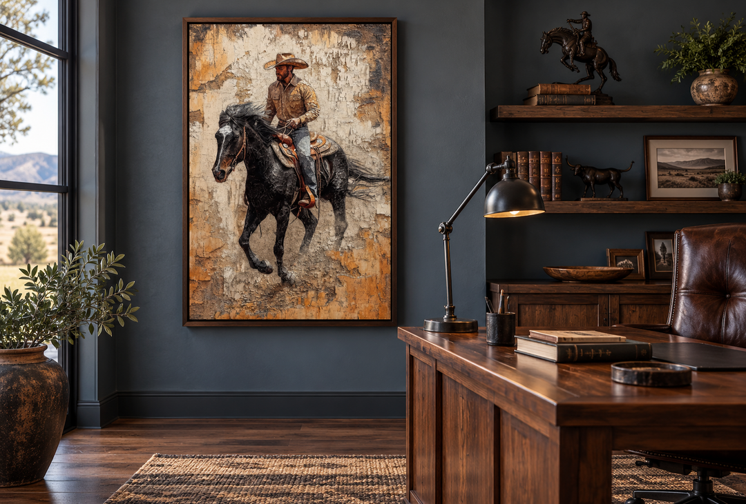 Cowboy on a black horse canvas wall art in a walnut frame, displayed in a rustic home office.