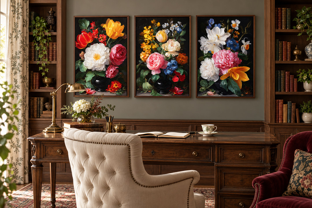 Set of 3 vintage botanical floral canvas prints with dark backgrounds in a dark academia study.