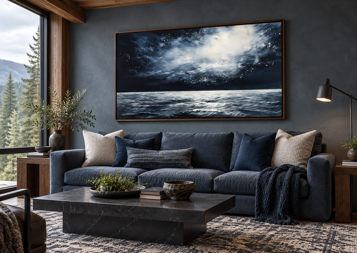 Dark horizontal starry night ocean seascape framed canvas wall art above a blue sofa.