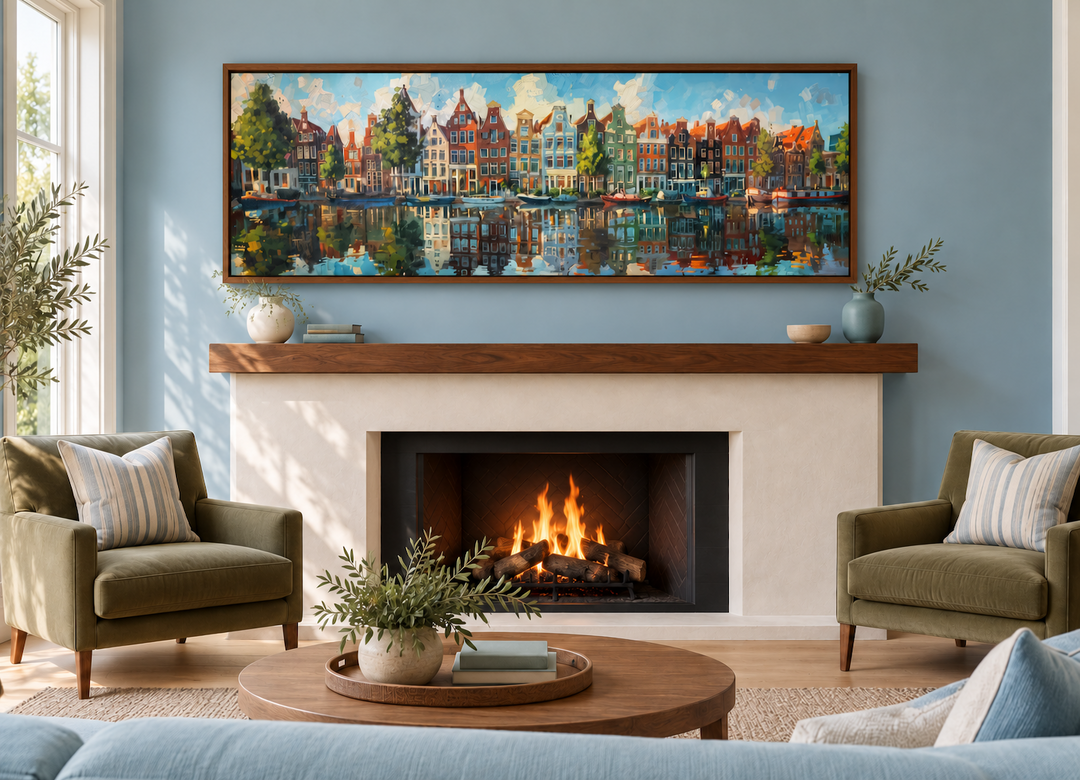 Dutch Houses And Canal Panoramic Framed Canvas Wall Art