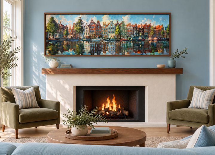 Dutch Houses And Canal Panoramic Framed Canvas Wall Art