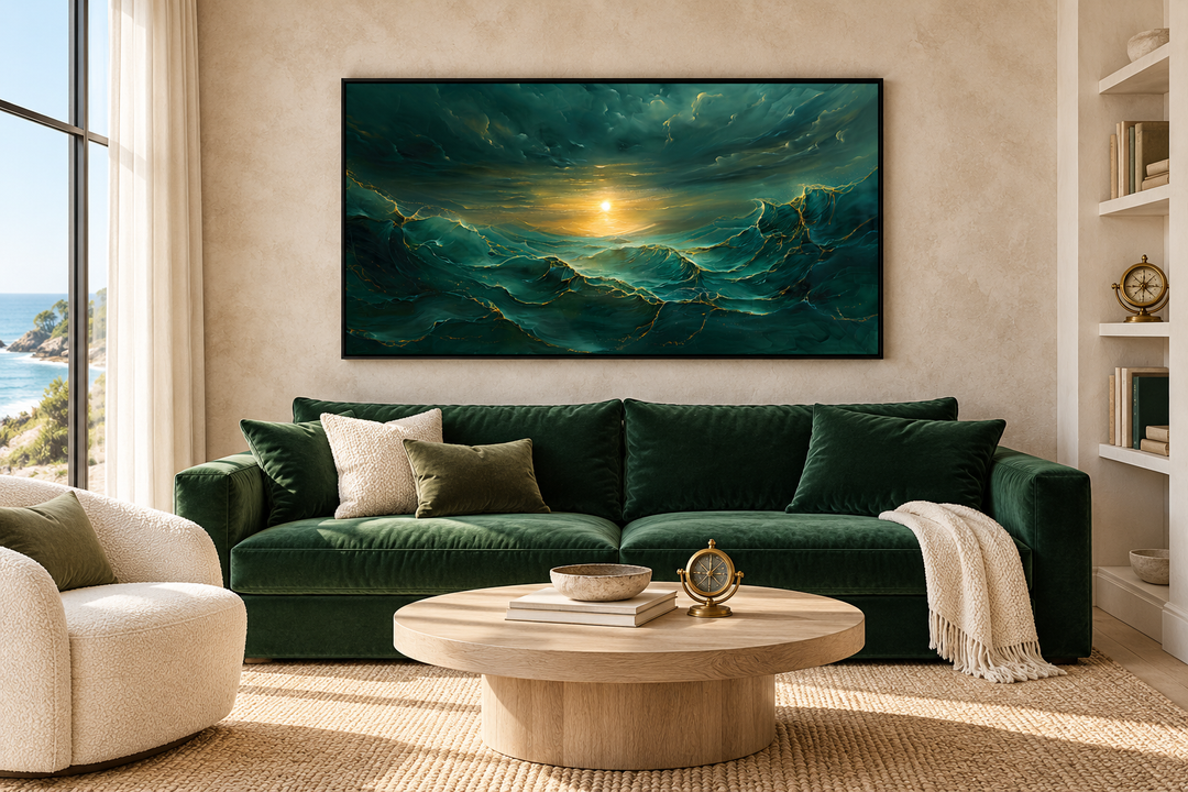 Abstract emerald green and gold ocean wave framed canvas wall art above a forest green sofa.