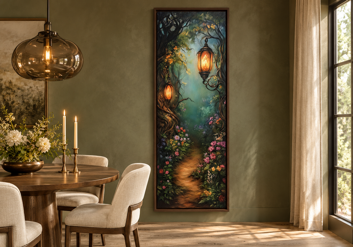 Tall narrow wall art of an enchanted forest pathway with glowing lanterns in a dark wood frame.
