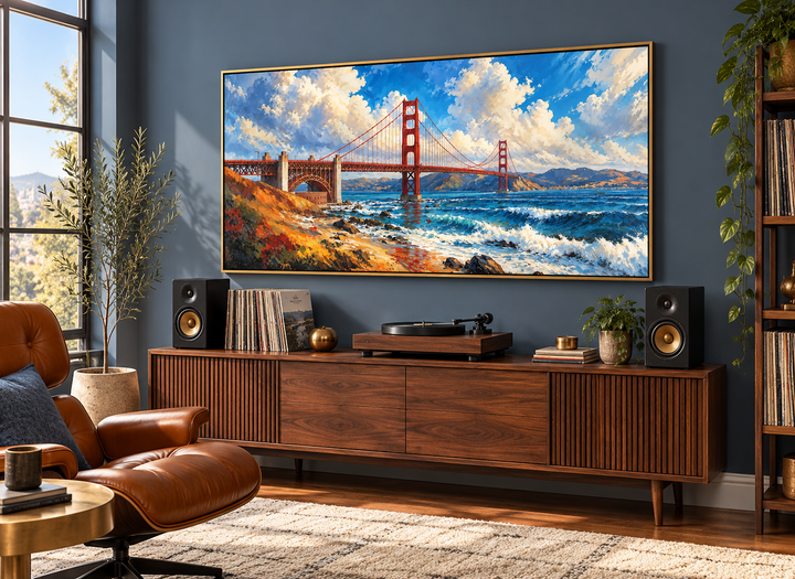 Framed oil painting of the Golden Gate Bridge in a gold frame above a mid-century modern sideboard.