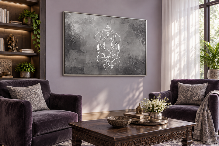 Grey, silver, and white minimalist Lord Ganesh framed canvas wall art in a modern living room.