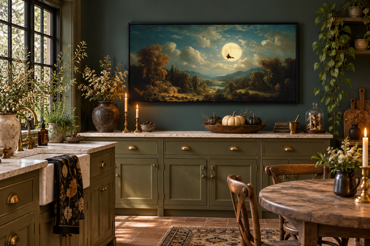 Hexe auf Besen – Halloween-Wandbild – Gotische Vollmondlandschaft