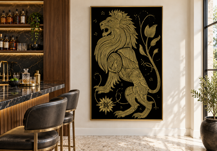 Heraldic gold lion wall art on a black canvas, displayed in a modern home bar setting.