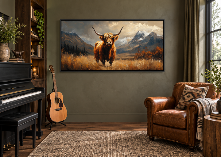 Leinwandbild „Highland Cow“ auf brauner Landschaft, gerahmt