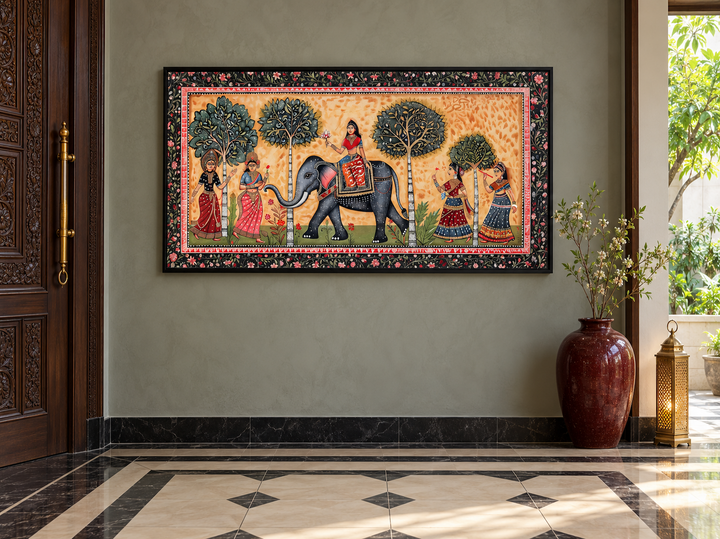 Indian Elephant Madhubani style painting on framed canvas in a traditional entryway.