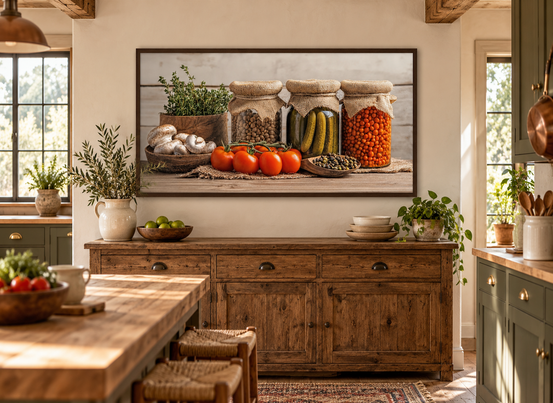 Spices and pickles framed canvas wall art above a rustic wooden sideboard in a farmhouse kitchen.