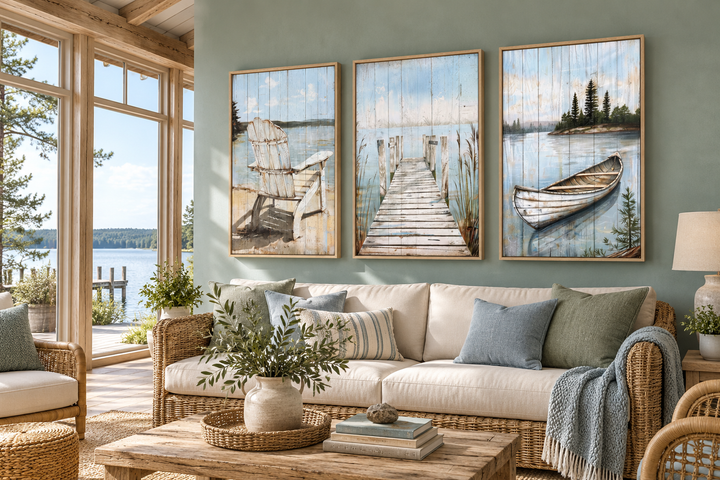 Set of 3 rustic lake house wall art featuring a fishing dock, old boat, and Adirondack chair.