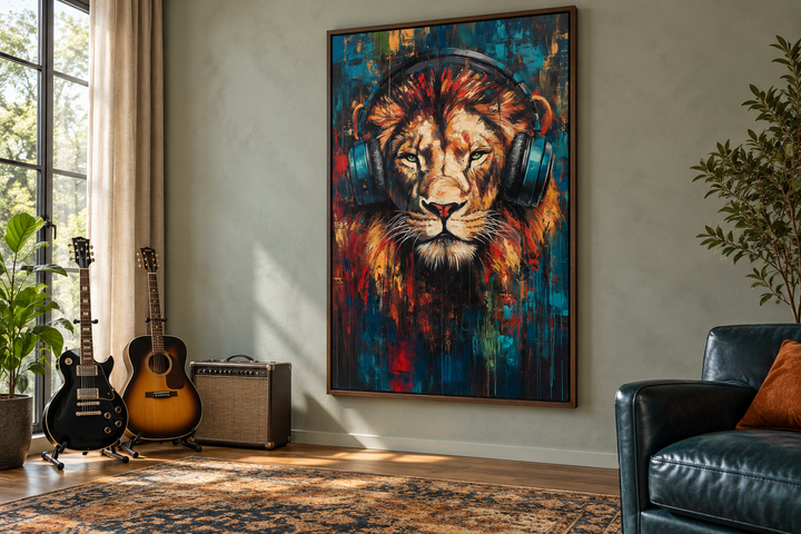 Lion DJ with headphones framed wall art in a music room with guitars and an amplifier.