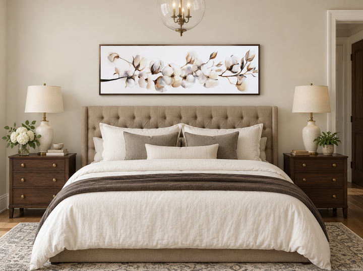 Long horizontal canvas wall art of neutral cotton plants above a tufted bed in a boho bedroom.