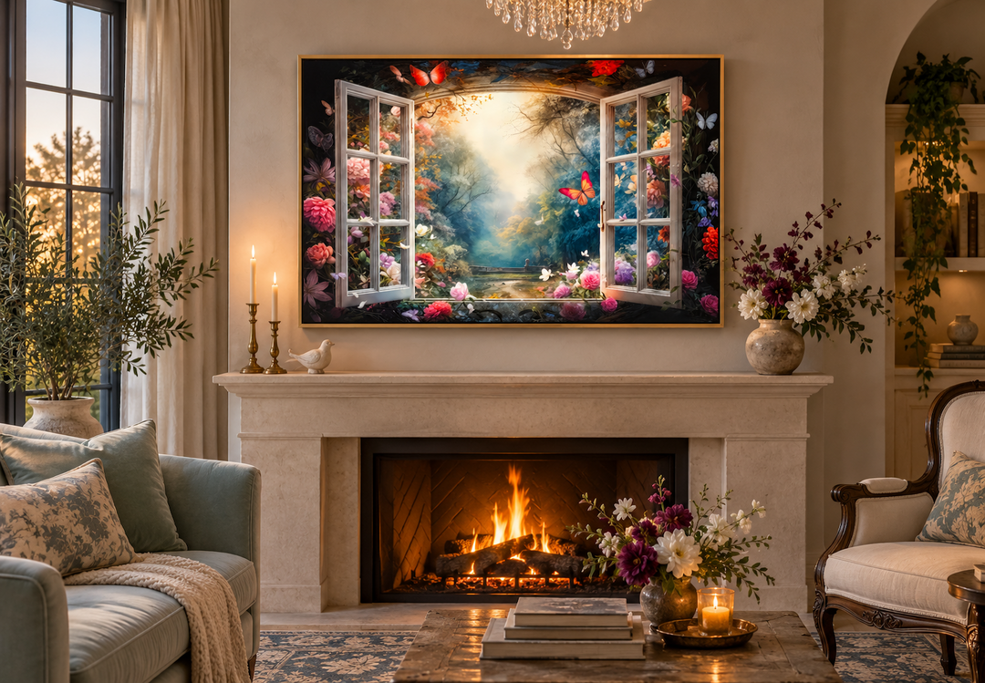 Enchanted forest view from an open window wall art in a gold frame above a fireplace.