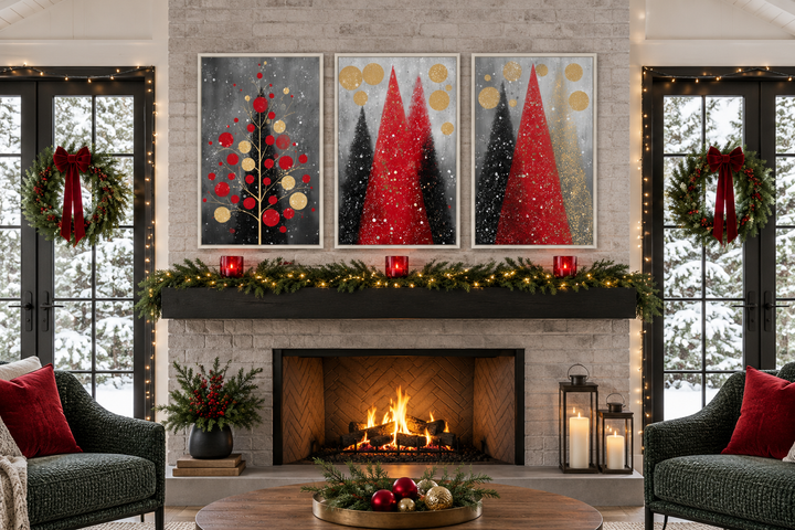 Modern Christmas wall art set of 3 featuring red and black holiday tree canvas prints over a mantel.