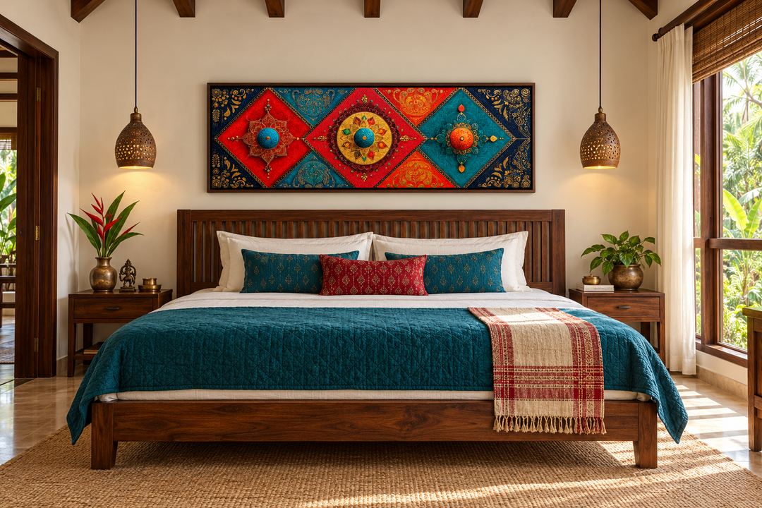 Modern long horizontal Indian patterns canvas wall art in jewel tones above a wooden bed.