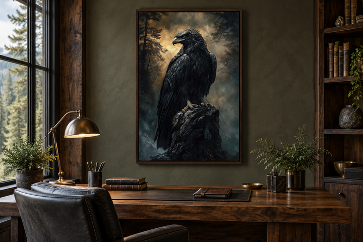 Moody dark gothic eagle framed canvas wall art hanging in a rustic home office above a wooden desk.