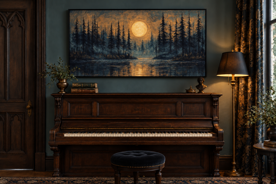 Moody canvas art of a full moon over a pine forest and lake, hanging above a vintage piano.