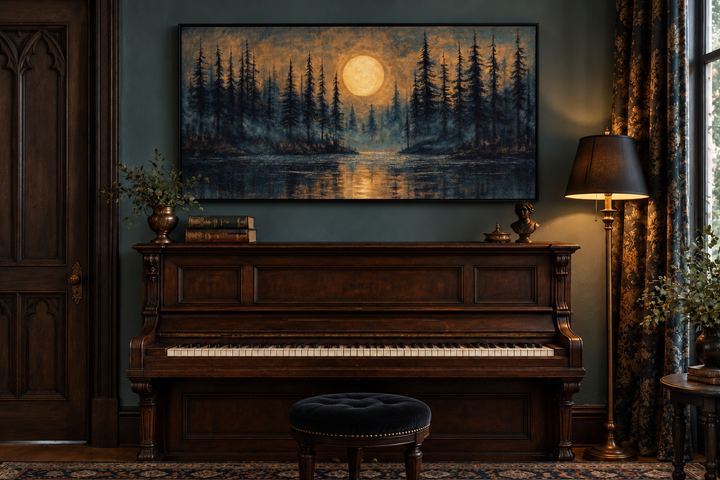 Moody canvas art of a full moon over a pine forest and lake, hanging above a vintage piano.