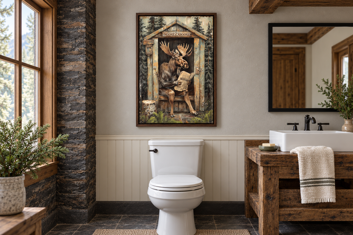 Framed wall art of a moose reading a newspaper in an outhouse, hung above a toilet in a bathroom.