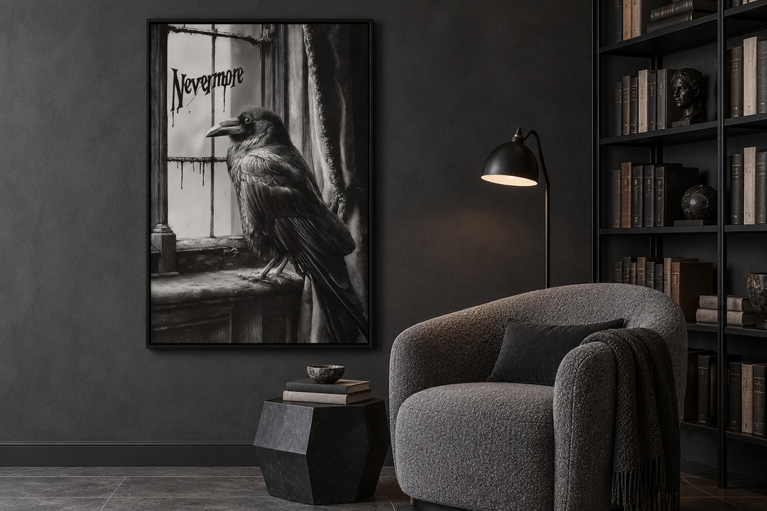 Black and white Nevermore raven wall art in a dark gothic library with a gray armchair.