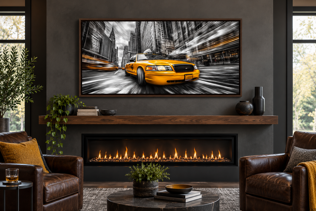 New York City yellow taxi graffiti style canvas wall art in a walnut frame above a fireplace.