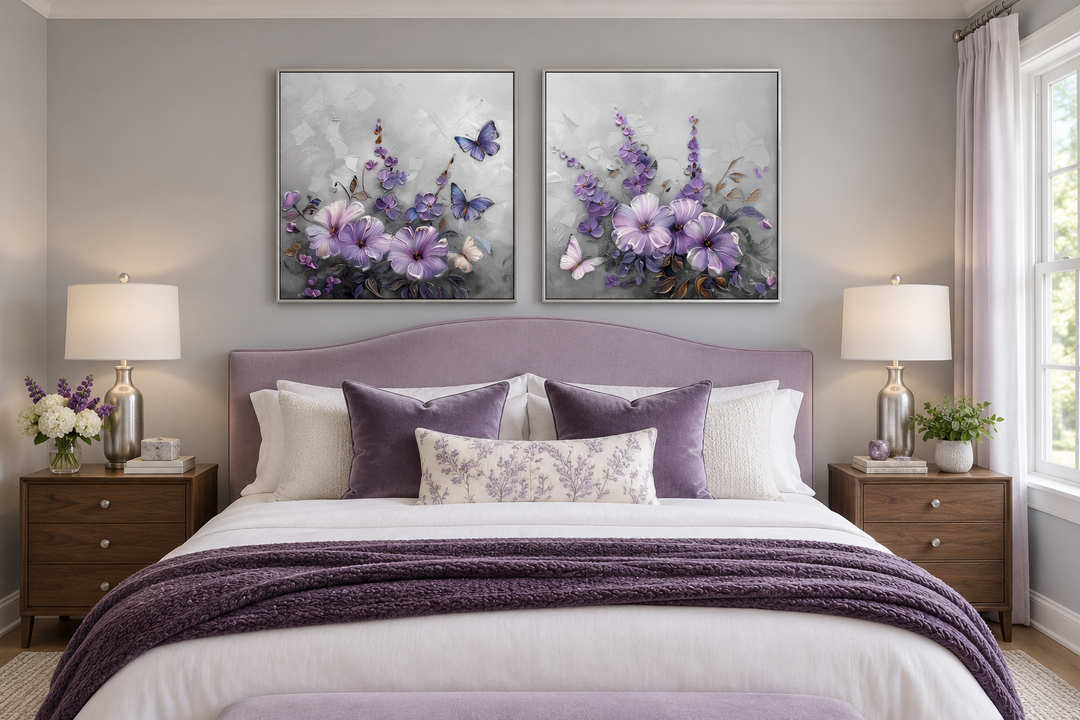 Set of 2 light purple floral prints with lavender blossoms and butterflies in silver frames.