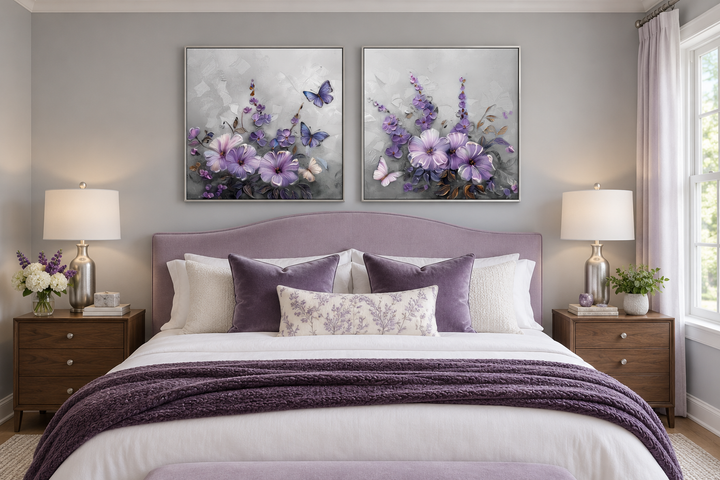 Set of 2 light purple floral prints with lavender blossoms and butterflies in silver frames.