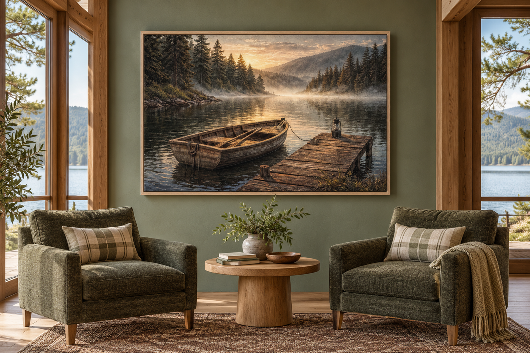 Rustic rowboat painting on canvas above two green armchairs in a sunroom with lake views.