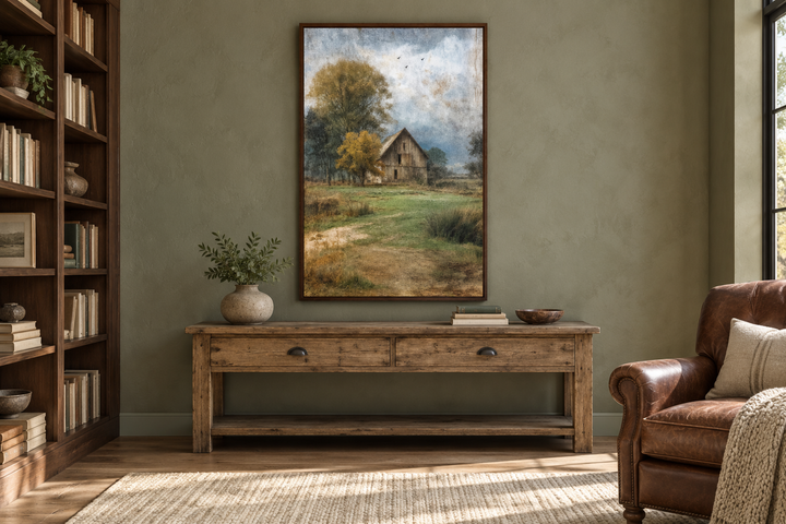 Vertical rustic farmhouse wall art of a weathered barn in a rural landscape above a wooden console.