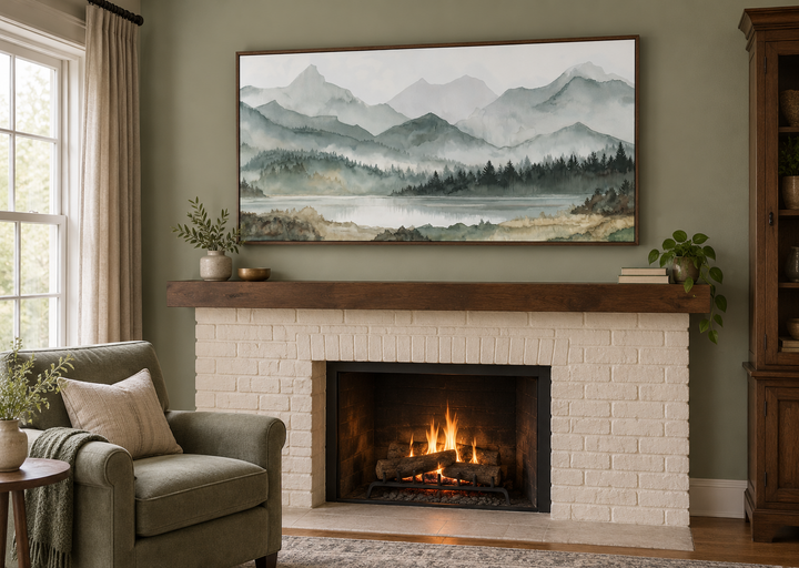 Sage green mountain lake landscape framed canvas wall art hanging above a white brick fireplace.