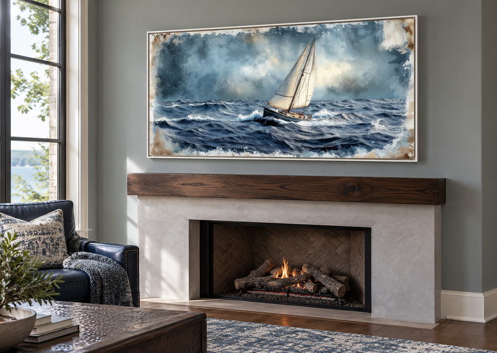 Sailboat in the ocean framed canvas nautical wall art hanging above a fireplace in a living room.
