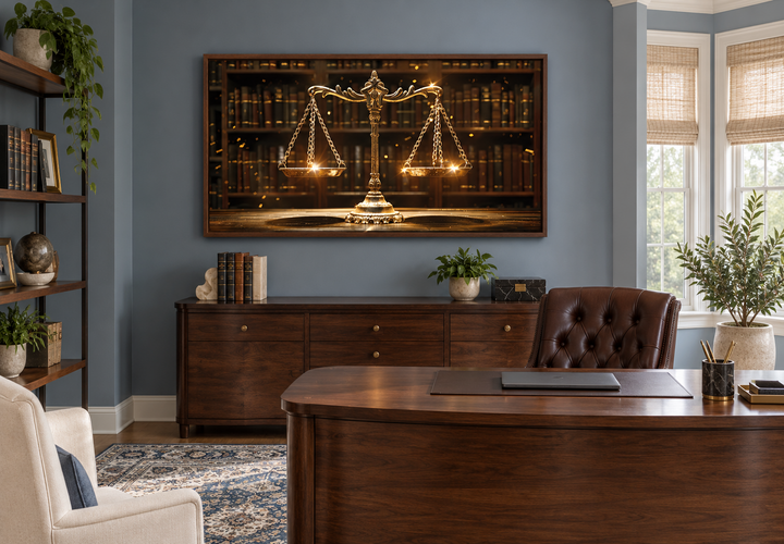 Framed canvas print of golden scales of justice in a walnut frame above a law office desk.