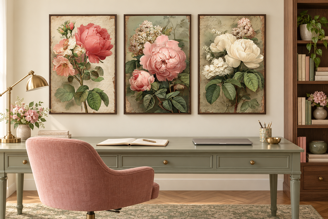 Set of 3 vintage rose botanical wall art prints in dark frames above a green desk in a home office.
