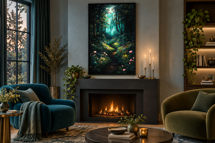 Enchanted forest framed canvas wall art with mystical lights hanging above a modern fireplace.