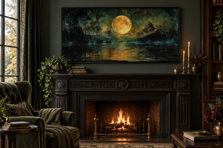 Gothic wall art of a full yellow moon over a dark lake, framed above a fireplace in a moody room.
