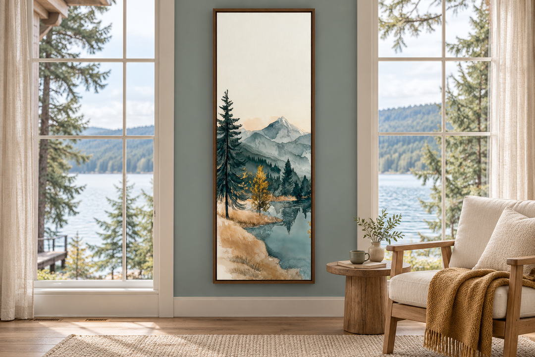 Toile murale verticale haute et étroite représentant un lac de montagne.