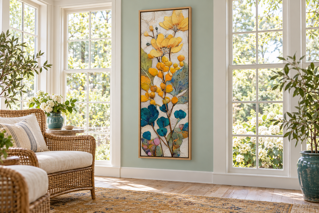 Tall narrow vertical canvas wall art with yellow and blue floral botanical design in a wood frame.