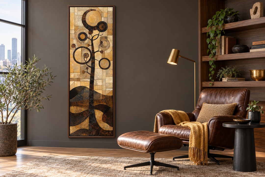 Tall vertical mid-century modern tree canvas wall art with geometric gold and black patterns.