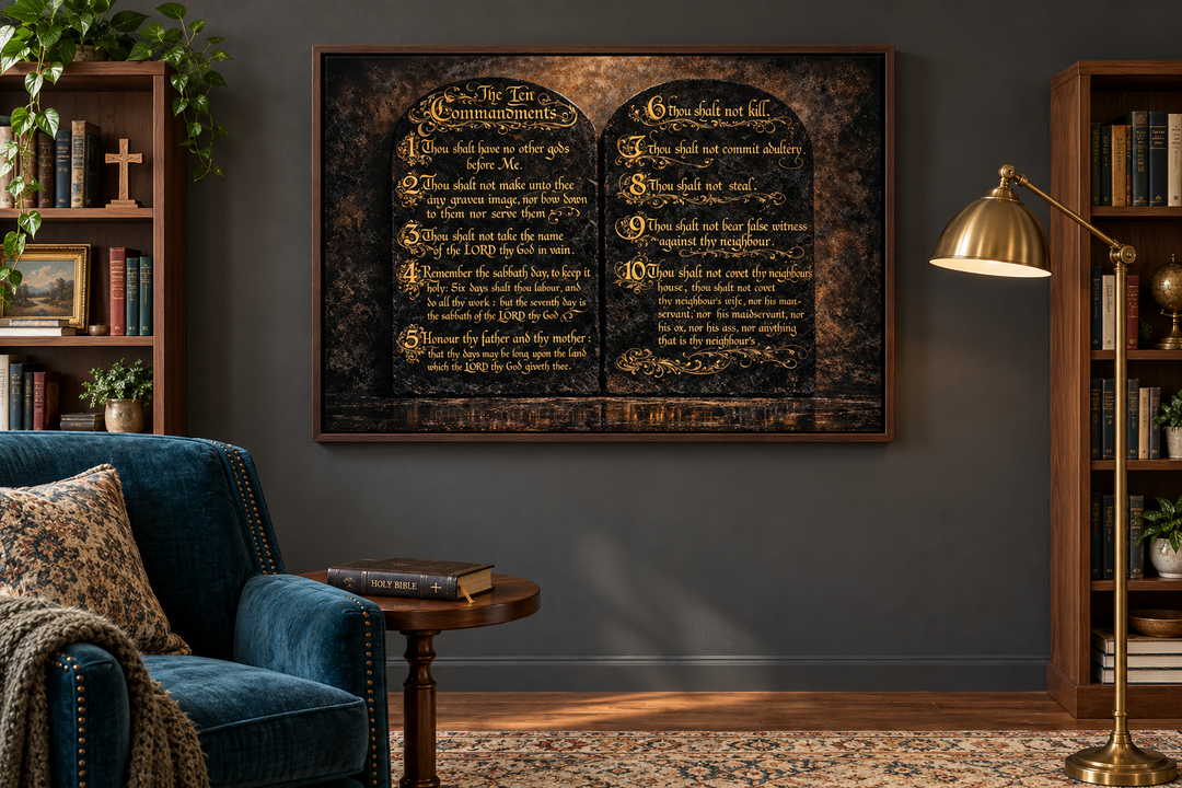 Dark gold Ten Commandments canvas wall art in a walnut frame above a table with a Bible.