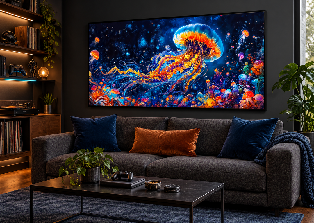 Trippy jellyfish framed canvas wall art above a dark grey sofa in a modern living room.