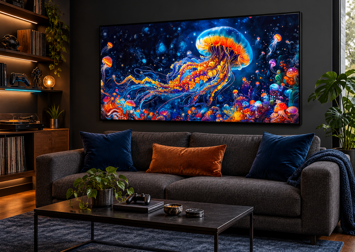 Trippy jellyfish framed canvas wall art above a dark grey sofa in a modern living room.