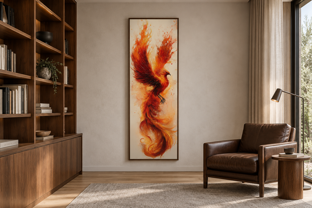 Tall narrow framed canvas wall art of a fiery orange and red phoenix rising on a beige background.